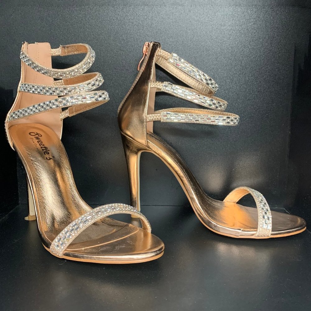 Rose Gold Rhinestone Strappy Sandals